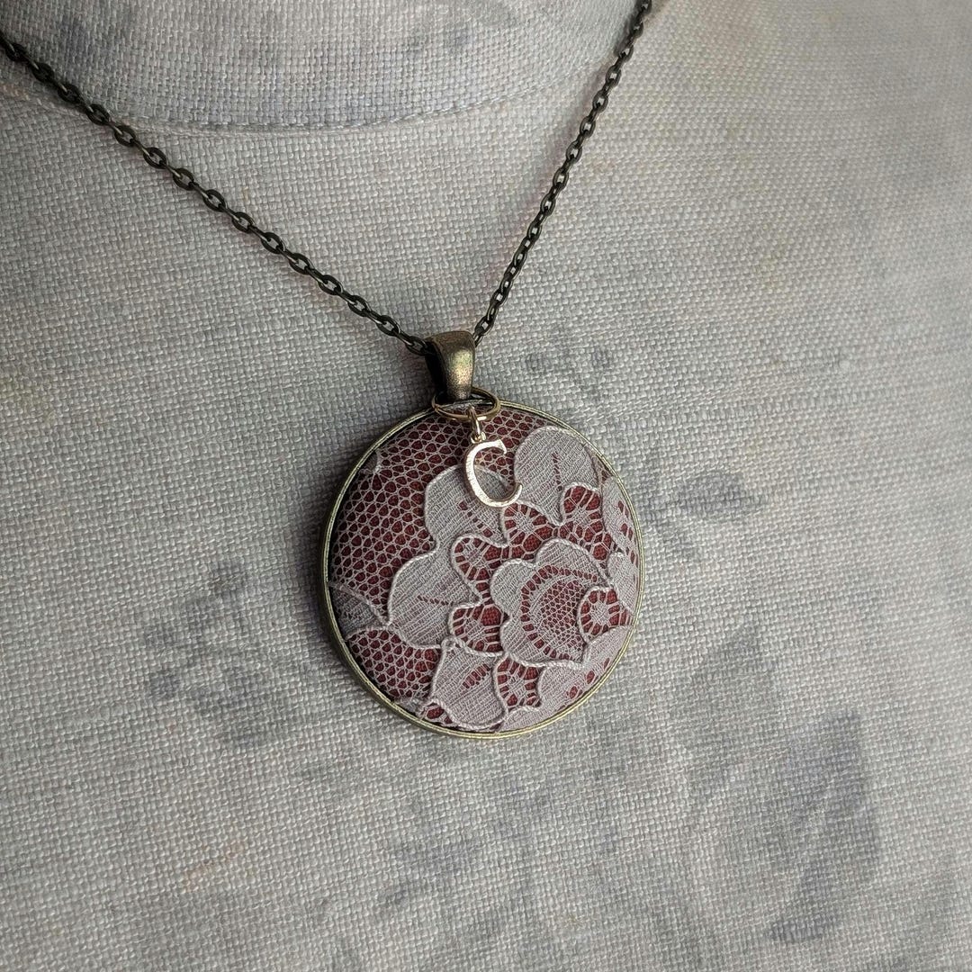 Lace Rustique Terracotta Orange Antique Lace Pendant With Initial, Rustic Boho ...