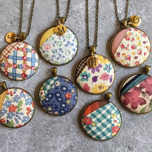 Vintage Quilt Jewelry Initial Necklace, Personalized Gift For Her, Mom, Grandmother Unique Teacher Gift, Floral Fabric Pendant, Letter Charm