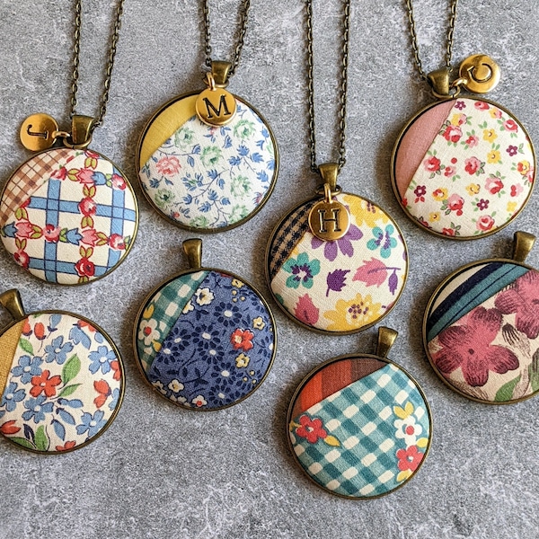 Vintage Quilt Jewelry Initial Necklace, Personalized Gift For Her, Mom, Grandmother Unique Teacher Gift, Floral Fabric Pendant, Letter Charm