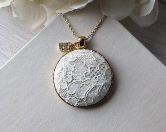 Vintage Lace Pendant With Crystal Letter / Initial Charm, Personalized Gift For Her, Gold And White Classic 13th Anniversary Gift For Wife