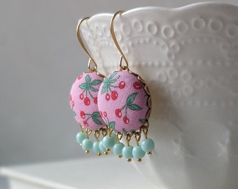 Cute Cherry Earrings, Fruit Jewelry, Red Pink And Green Whimsical Earrings, Boho Kawaii Style, Bright Fun Earrings With Vintage Materials