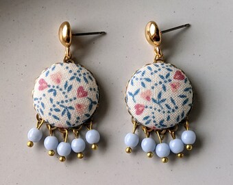 Pastel Heart Earrings, Fun Quirky Earrings, Blue Pink Gold Floral Fabric Bead Dangles, Pastel Earrings, Cute Aesthetic