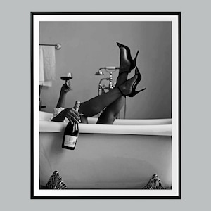 Wine and Bubbles Bath Time Bliss Art, Feminist Poster, Black and White, Girls Bathroom Decor, Bar Cart Decor, Vintage Poster