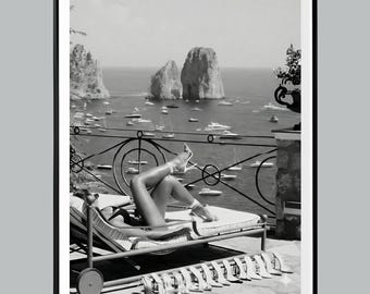 Capri Italy Fashion Print, Woman Sunbathing with High Heels, Luxury Summer Aesthetic, La Dolce Vita Wall Art