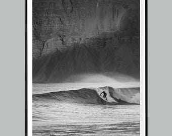 Surfer Photography Mountain Landscape Art, Black and White Coastal Print, Majestic Ocean Wave Poster, Minimalist Decor, Digital Download