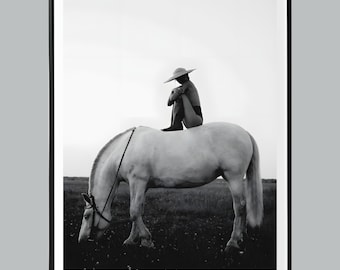 Woman on Horse Print, Black and White, Feminist Poster, Western Wall Art, Minimalist Horse Wall Art, Luxury Home Decor, Elegant Woman Art