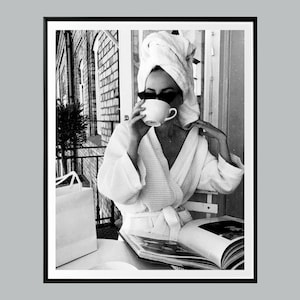 Woman Drinking Print, Elegant Modern Decor, Black and White,  Teen Girls Bedroom Decor, Vintage Woman Fashion Wall Art, Chic Room Decor