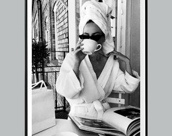 Vrouw drinken print, elegant modern decor, zwart-wit, tienermeisjes slaapkamer decor, vintage vrouw mode kunst aan de muur, chique kamer decor