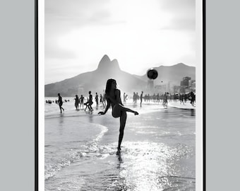 Brazil Beach Soccer Digital Print, Rio de Janeiro Wall Art, Futbol Culture Decor, Black and White, Summer Poster, Beach House Decor