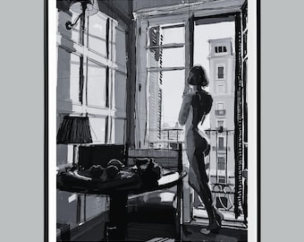 Woman In The Window Print, Feminist Poster, Black and White, Fashion Photography, Vintage Wall Art, Teen Girl Room Decor, Digital Download
