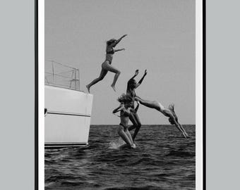Surfer Chick Wall Poster, Fashion Print, Black and White, Vintage Photo, Summer Poster, Beach House Decor, Beach Decor, Modern Art, Surf Art