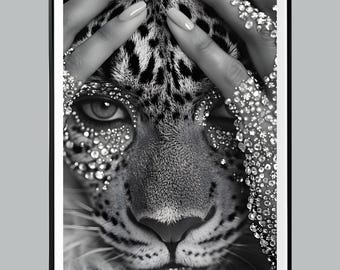 Sparkly Leopard Art, Diamond Animal Print, Black and White Wall Decor, Glam Fashion Poster, Luxury Room Decor, Digital Download