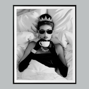 Woman Drinking Coffe Print, Elegant Modern Decor, Black and White,  Teen Girls Bedroom Decor, Vintage Fashion Wall Art, Chic Room Decor