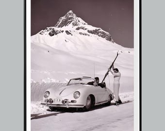 Vintage Ski Print, Old Money Aesthetic Wall Art, Apres Ski Decor, Classic Car in Snow Poster, Luxury Winter Cabin Art, Digital Download