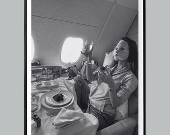 Luxury Breakfast at 40K Feet Poster, Black and White, High Fashion Prints, Chic Room Decor, Digital Download, Luxury Wall Art