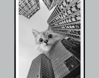 Gato gigante espiando o horizonte da cidade, arte de parede surreal em preto e branco, presente divertido para amantes de gatos, impressão de arranha-céu urbano, download digital