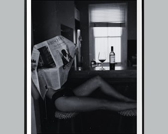 Woman Reading Newspaper Print, Wine Lover Wall Art, Black and White Vintage Photo, Cool Girl Aesthetic, Bar Cart Decor, Digital Download