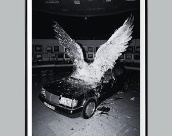 Retro Car With Wings Printable Poster, Designer Wall Art, Black and White, Hypebeast Decor