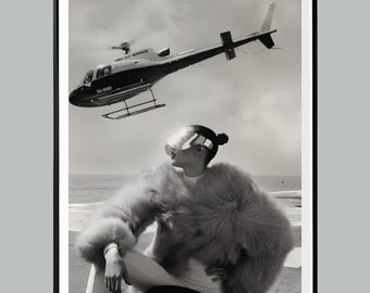 Monaco Helicopter Print, Luxury Lifestyle Wall Art, Old Money Aesthetic, Woman in Fur Coat, High Fashion Poster, Rich Girl Vibe