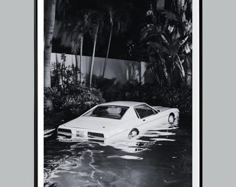Luxury Car in the Pool Poster, Designer Wall Art, Black and White, Luxury Fashion Print, Hypebeast Decor
