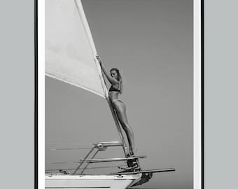 Woman on Sailboat Print, Old Money Aesthetic, Black and White Yacht Wall Art, Vintage Coastal Decor, Summer Vacation Poster, Luxury Sailing