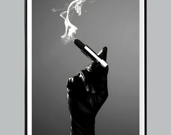 Black Glove with Lipstick Smoke Wall Art, Luxury Fashion Print, Feminist Poster, Black and White, Hypebeast Room Decor, Cigarette Print