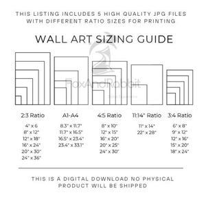 Pu&ograve; includere: Guida alle dimensioni delle opere d'arte da parete per il download digitale con vari rapporti, tra cui 10x15cm, 20x30cm, 30x45cm, 40x60cm, 50x76cm e 60x91cm. La guida include anche i rapporti A1-A4, 4:5, 11x14 e 3:4. Il testo recita "Stampa la cornice e vivi l'esperienza!"