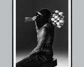 Hypebeast Poster Digital, Tattoo Art Print Black and White, Street Style Wall Art, Masked Man with Flowers Wall Art