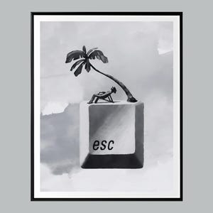 May include: Black and white art print featuring a palm tree and a person relaxing on a beach chair atop a large computer key. The key is labeled "esc". The background is a cloudy sky.