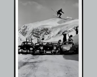 Black and White Ski Print, Classic Car Wall Art, Man Cave Decor, Retro Sports Poster, Winter Photography, Printable Art