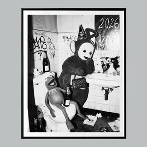 May include: Black and white photograph featuring Kermit the Frog sitting on a toilet and a Teletubby standing in a bathroom. The Teletubby wears a New Year's Eve hat and holds a purse. The number 2026 is written on the wall.