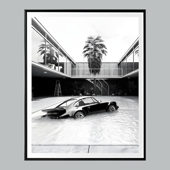 Old Money Aesthetic Wall Art, Vintage Sports Car in Pool, Black and White Luxury Print, Mid Century Modern Decor, Trendy Poster