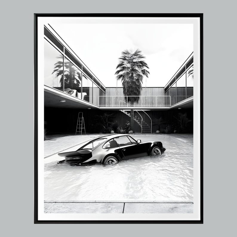 K&ouml;nnte beinhalten: Ein Schwarzwei&szlig;foto eines klassischen Sportwagens, der teilweise in einem Schwimmbad versunken ist. Das Auto befindet sich in einem modernen, minimalistischen Innenhof mit einer Palme und einer Treppe.