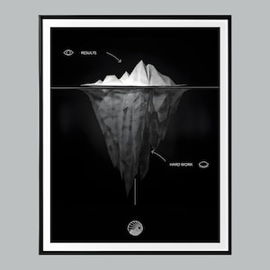 May include: Black and white illustration of an iceberg with the words "Results" and "Hard Work" written above and below the iceberg, respectively. The illustration is a metaphor for the idea that success is built on hard work that is not always visible.