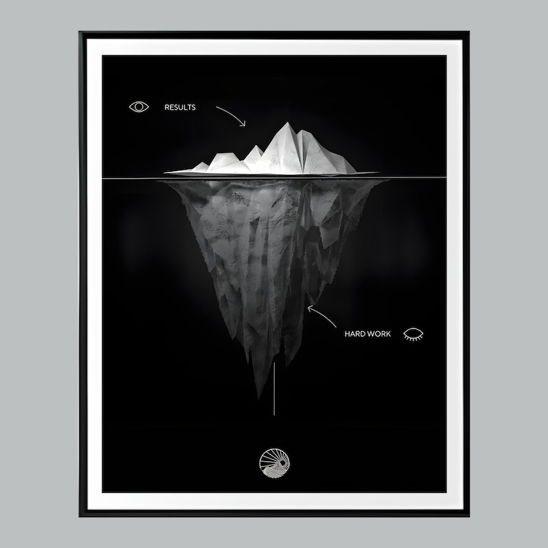 May include: Black and white illustration of an iceberg with the words "Results" and "Hard Work" written above and below the iceberg, respectively. The illustration is a metaphor for the idea that success is built on hard work that is not always visible.