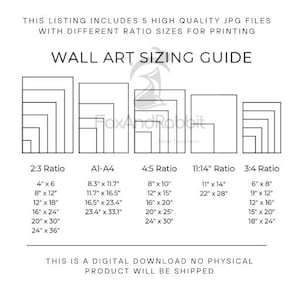 Op de afbeelding: Een witte afbeelding met de tekst 'DIJITAL DOWNLOAD' en 'WALL ART SIZING GUIDE'. Het bevat een maattabel met afmetingen in centimeters voor verschillende afdrukverhoudingen, zoals 2:3, A1-A4, 4:5, 11:14 en 3:4.