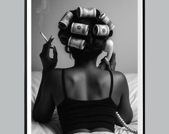 Black Woman with Money on Head Wall Art, Black and White Feminist Poster, Luxury Fashion Wall Art, Trendy Rich Woman, Retro Girl Room Decor