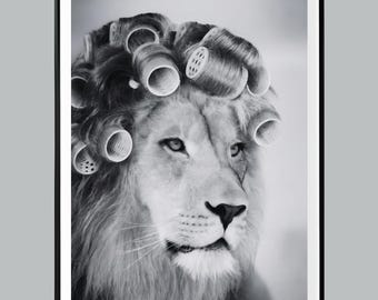 León divertido con rulos, arte de pared, estampado animal surrealista, decoración de baño, póster de peluquería, foto en blanco y negro, día de spa