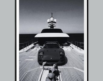 Luxury Woman on Boat Wall Art, Fashion Print, Black and White, Vintage Photo, Summer Poster, Beach House Decor, Beach Decor, Modern Art