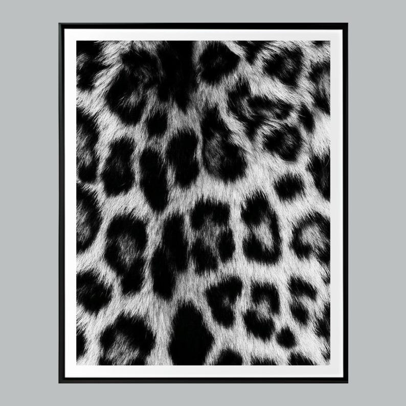 Pu&ograve; includere: Stampa incorniciata con un motivo leopardato in bianco e nero. Il design presenta un motivo ripetuto di macchie nere su uno sfondo bianco e grigio, creando un aspetto strutturato. L'opera d'arte &egrave; racchiusa in una cornice nera.