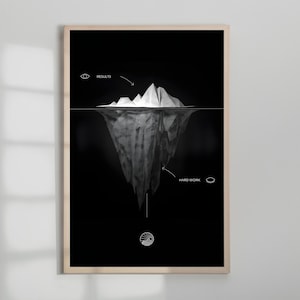 May include: Black and white illustration of an iceberg with the words "Results" and "Hard Work" labelled above and below the waterline. The illustration is framed in a light wood frame.