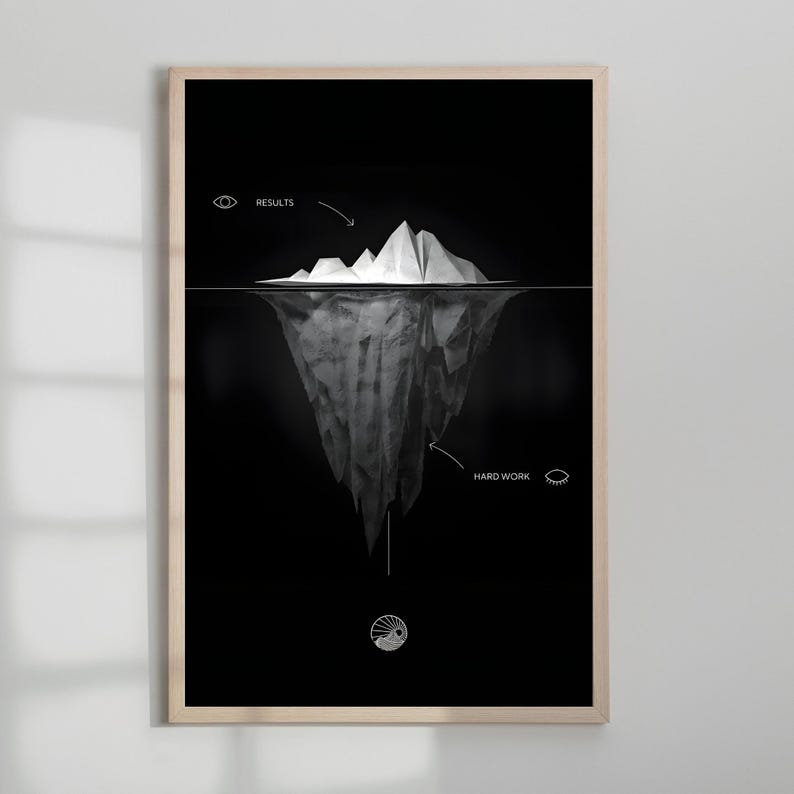 May include: Black and white illustration of an iceberg with the words "Results" and "Hard Work" labelled above and below the waterline. The illustration is framed in a light wood frame.
