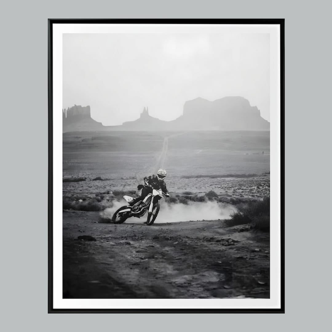Motocross Digital Print, Monument Valley Wall Art, B&W Motorcycle