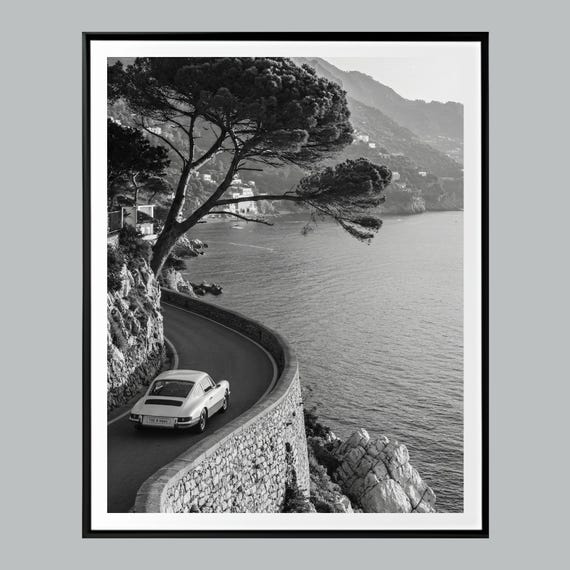 Vintage Car Amalfi Coast Print, Old Money Aesthetic, Black and White Italy Poster, Luxury Travel Wall Art, Digital Download