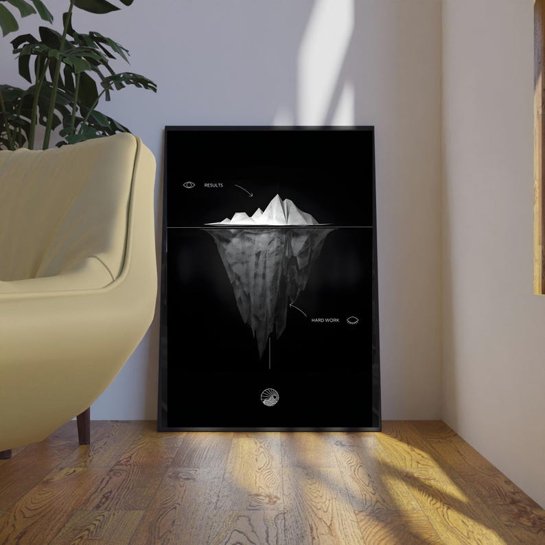 May include: Black and white illustration of an iceberg with the words "Results" and "Hard Work" written above and below the iceberg, respectively. The illustration represents the idea that success is built on hard work that is not always visible.