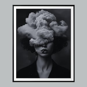May include: Monochrome art print featuring a person with a cloud obscuring their head, smoking a cigarette. The image is set within a black frame with a white border.