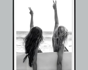 Surfer Chick Wall Poster, Fashion Print, Black and White, Vintage Photo, Summer Poster, Beach House Decor, Beach Decor, Modern Art, Surf Art