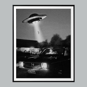 UFO Poster Wall Art, Retro Wall Decor, Black and White, Girly Printable Wall Print, Aesthetic Room Decor, Feminist Print