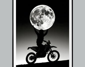 May include: Black and white framed print featuring a silhouette of a person on a motorcycle holding a large full moon overhead. The image has a dramatic contrast between the dark foreground and the bright moon.