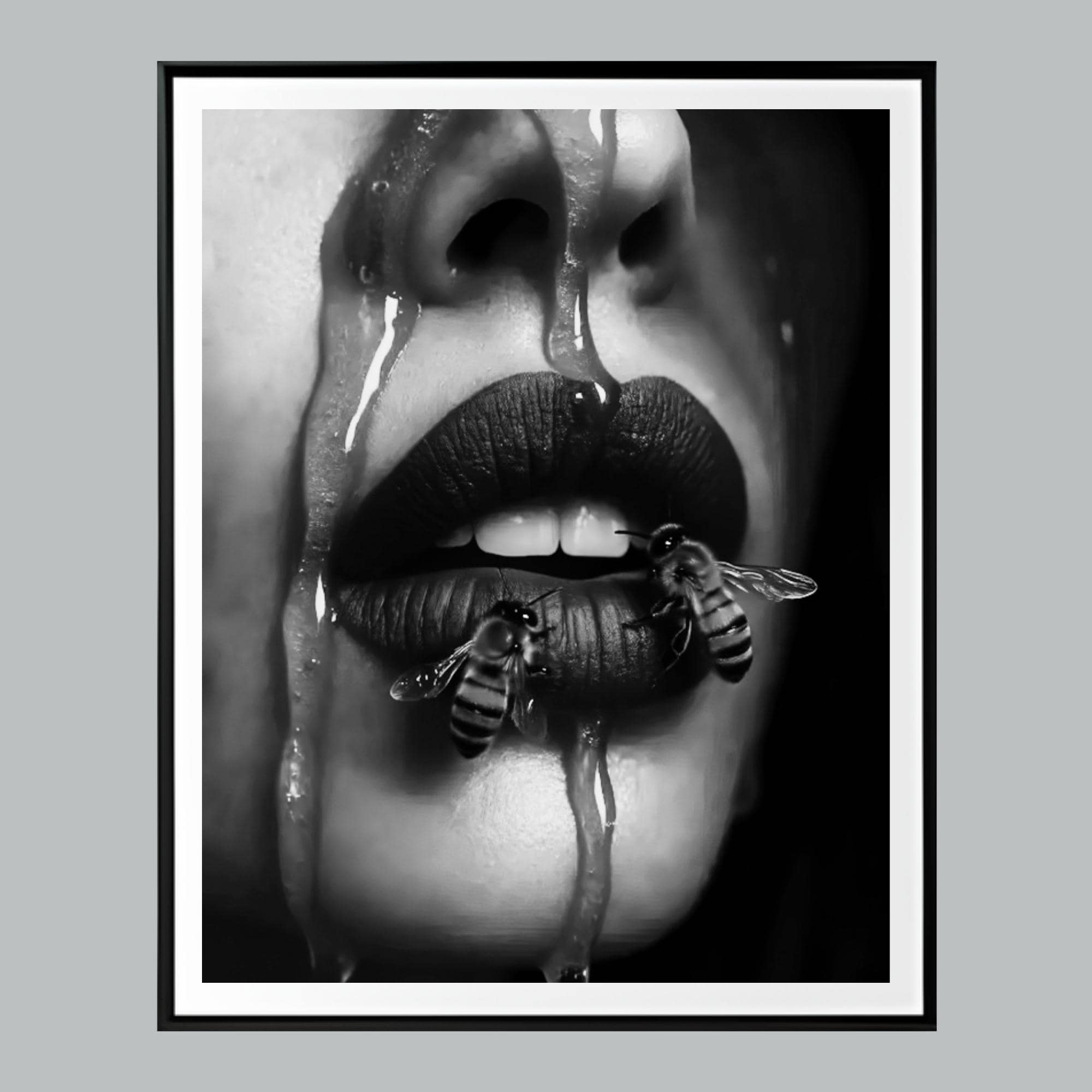 Bees and Honey Dripping From Lips Black and White Digital Artwork